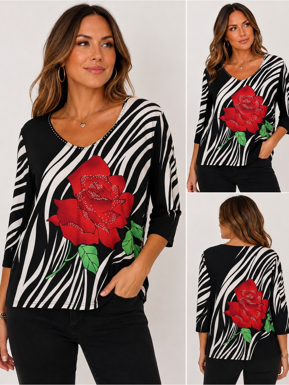 Vintage Valentina Zebra Rose Rhinestone Top Y2K Maximalist Size M